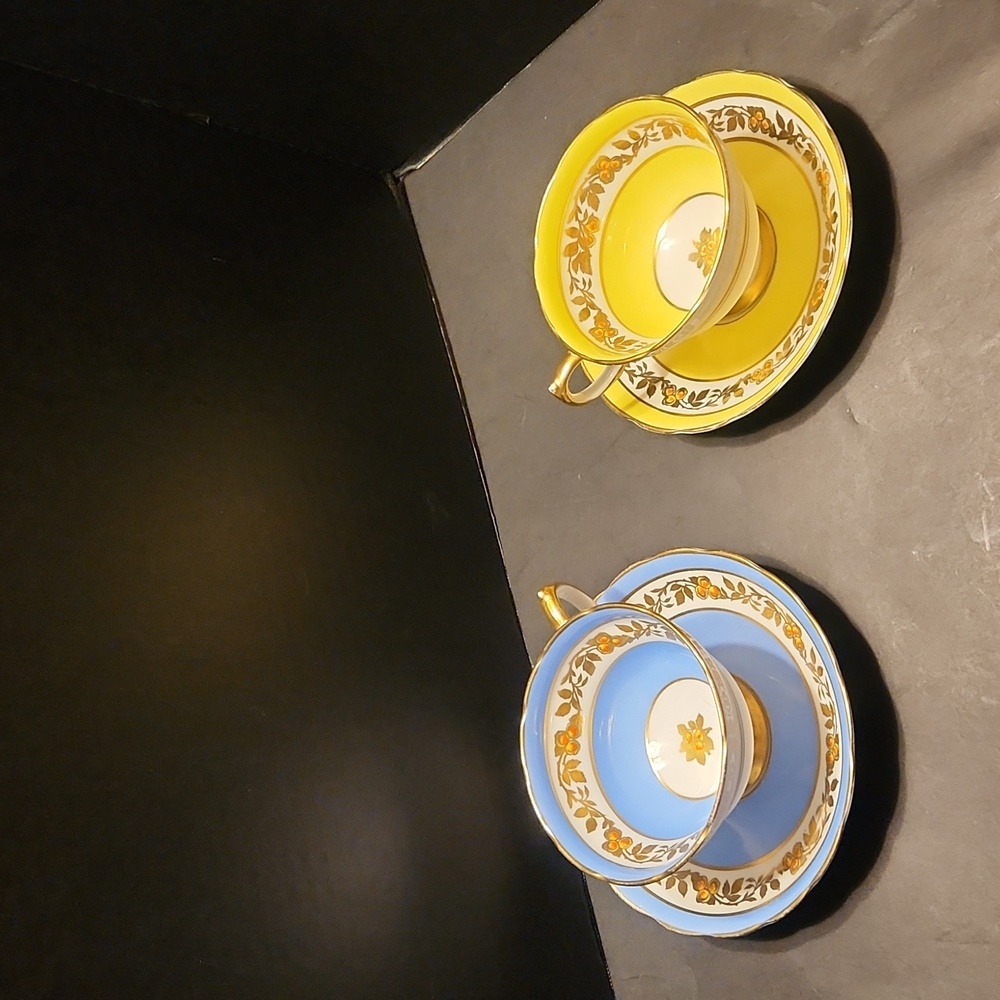 🫖GROSVENOR BONE CHINA SET OF TEA CUPS & SAUCERS BLUE AND YELLOW